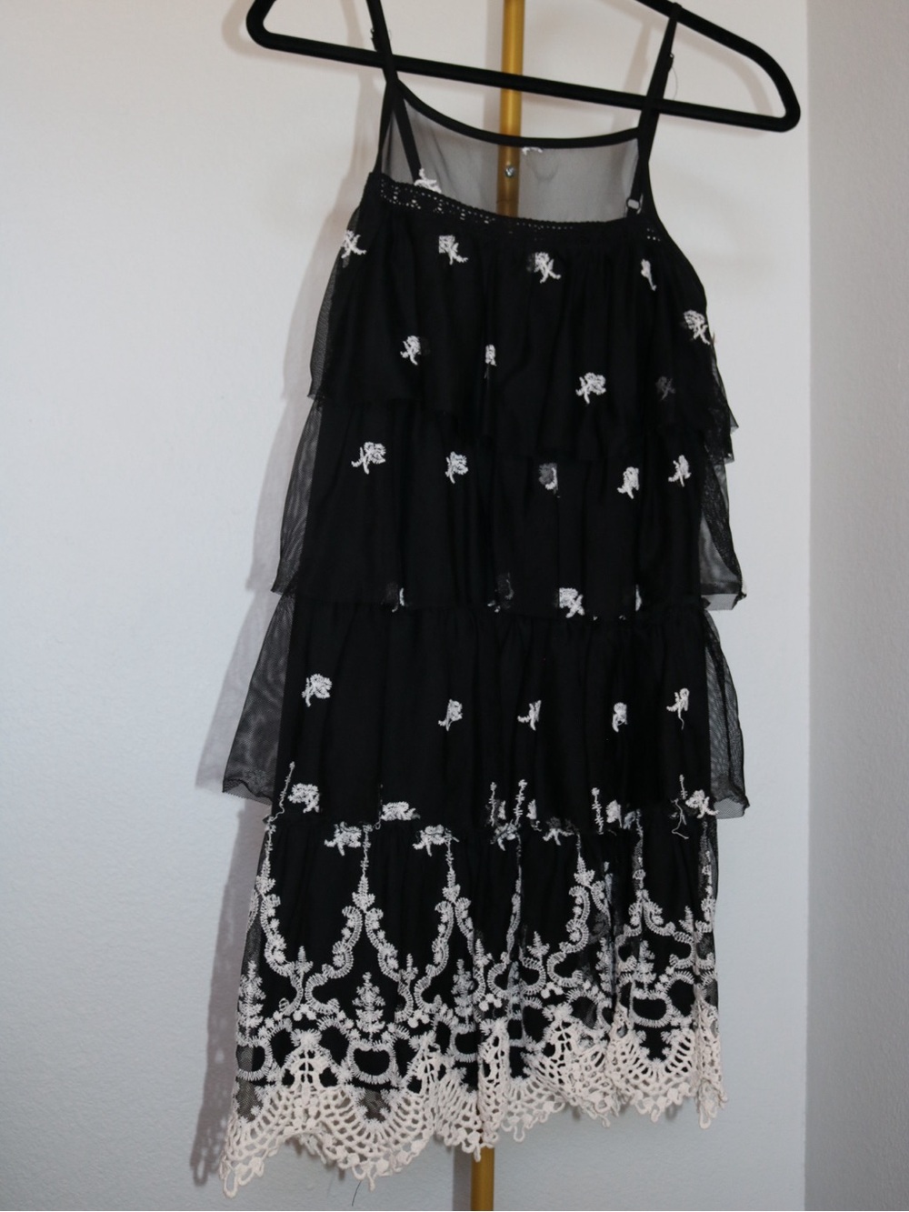 J. Gee Black Embroidered Tiered Midi Dress Mesh Yoke Boho Size Medium